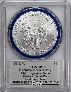 W 2018 SILVER EAGLE PCGS MS70 MERCANTI STRUCK AT WEST POINT FIRST DAY OF ISSUE