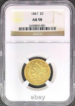 1847 $5 Gold Liberty Head American Half Eagle Au58 Ngc Rare Mint Coin