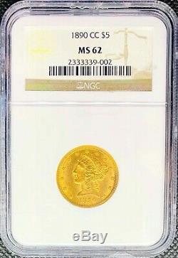 1890-CC American Gold Half Eagle $5 Liberty Head MS62 NGC MINT Carson City Coin