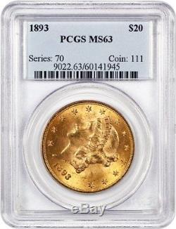 1893 $20 PCGS MS63 Liberty Double Eagle Gold Coin Better P-Mint