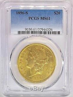 1896-S $20 American Gold Double Eagle Liberty Head MS61 PCGS Lustrous MINT Coin