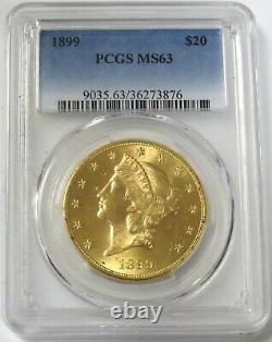 1899 Gold $20 Liberty Head Double Eagle Coin Pcgs Mint State 63