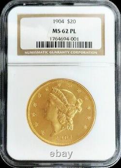 1904 Gold Proof Like Ngc Mint State 62 Pl $20 Us Liberty Double Eagle Coin