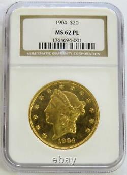 1904 Gold Proof Like Ngc Mint State 62 Pl $20 Us Liberty Double Eagle Coin