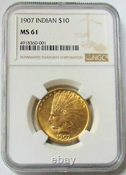 1907 Gold $10 Indian Head Eagle No Motto Coin Ngc Mint State 61