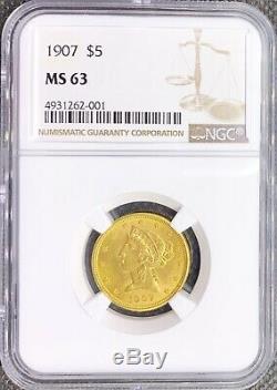 1907 Gold American Half Eagle $5 Liberty Head MS63 NGC Lustrous MINT Coin
