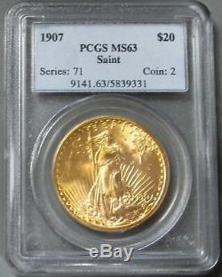 1907 Gold USA Saint Gaudens $20 Double Eagle Coin Pcgs Mint State 63