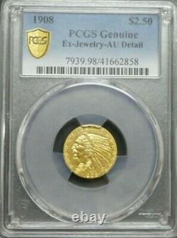 1908 $2.50 Gold Indian Head Quarter Eagle PCGS AU Detail Ex-Jewelry US Mint Coin