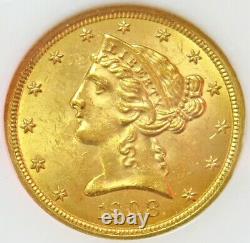 1908 Gold United States $5 Liberty Head Half Eagle Coin Ngc Mint State 63