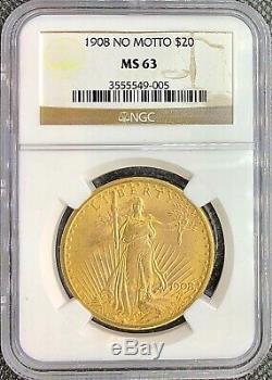 1908 No Motto $20 American Gold Double Eagle Saint Gaudens MS63 NGC MINT Coin