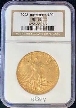 1908 No Motto $20 American Gold Eagle Saint Gaudens MS63 NGC OG Slab Mint Coin