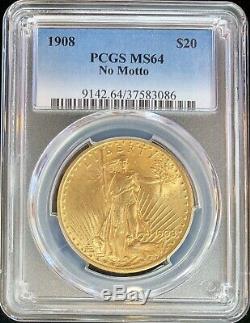 1908 No Motto $20 American Gold Eagle Saint Gaudens MS64 PCGS Mint Coin