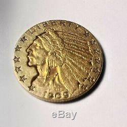 1909 Gold Us $5 Dollar Indian Head Half Eagle Coin Philadelphia Mint