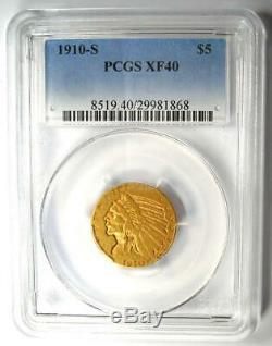1910-S Indian Gold Half Eagle $5 Coin Certified PCGS XF40 Rare S Mint