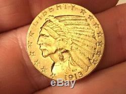1913-S US Indian Head Half Eagle $5 Gold Coin, Circulated, weak mint mark