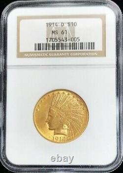 1914 D Gold $10 Dollar Indian Head Eagle Coin Ngc Mint State 61