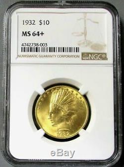1932 Gold Us $10 Indian Head Eagle Coin Ngc Mint State 64+ (pq)