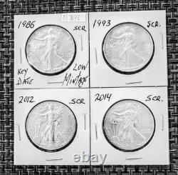 1986, 1993, 2012 American Silver Eagle Set 4 Coins 1 Oz $1 Uncirculated, scratch