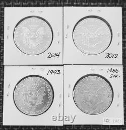 1986, 1993, 2012 American Silver Eagle Set 4 Coins 1 Oz $1 Uncirculated, scratch