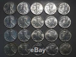 1986 American Silver Eagle Uncirculated Roll Lot of 20 Coins, Mint Tube 1oz each