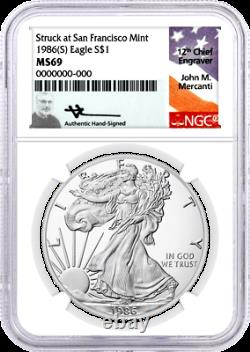 1986 (S) $1 Silver Eagle Struck at San Francisco Mint NGC MS69 Mercanti Signed