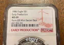 1986 Silver Eagle NGC MS 69 Certified Early Production Coin U. S. Mint Sealed Box