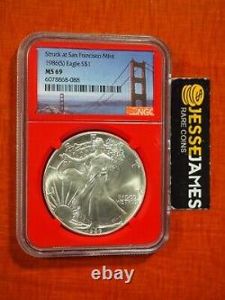 1986 (s) Silver Eagle Ngc Ms69 Struck At San Francisco Mint Red Core