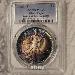 1987 S Toned American Silver Eagle $1 PCGS MS65 MONSTER Toning. Both Sides
