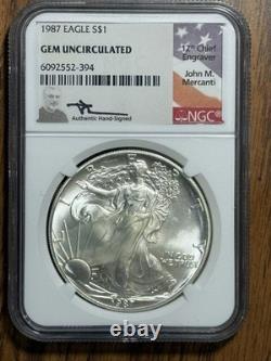 1987 Silver Eagle? $1 Gem? Uncirculated Ngc Hand Signed John Mercanti