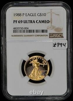 1988-P G$10 1/4 oz Gold American Eagle No Spots NGC PF 69 UC Lot#Z794