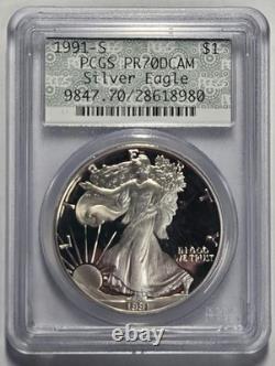 1991-S $1 PROOF AMERICAN SILVER EAGLE RETRO DOILY PCGS PR70DCAM Certified Coin