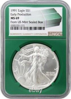 1991 Silver Eagle Ngc Ms69 Early Production From Us Mint Sealed Box Green Core