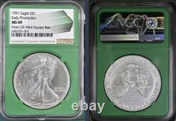 1991 Silver Eagle Ngc Ms69 Early Production From Us Mint Sealed Box Green Core