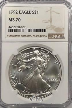 1992 Ngc Ms70 Silver American Eagle Mint State 1 Oz. 999 Fine Bullion
