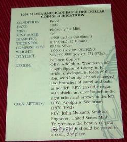 1994 P Proof Silver Eagle American Dollar $1 Coin. 999 Fine Silver Box / Coa