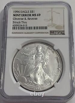 1996 $1 Ngc Mint Error Ms69 American Silver Eagle Obverse & Resverse Struck Thru