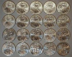 1996 American Silver Eagle Uncirculated Roll Lot of 20 Coins, Mint Tube 1oz each