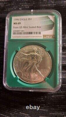 1996 Silver Eagle MS -69 NGC Green Holder US Mint Sealed Box