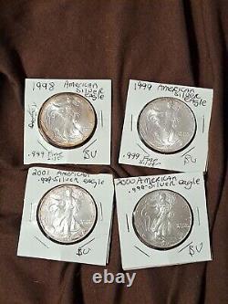 1998,1999,2000,2001 American Silver Eagle 1oz Dollars (4) Lot Rare Bu? Toning