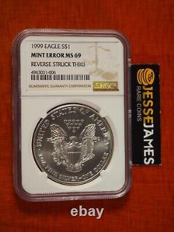 1999 $1 American Silver Eagle Ngc Mint Error Ms69 Reverse Struck Thru