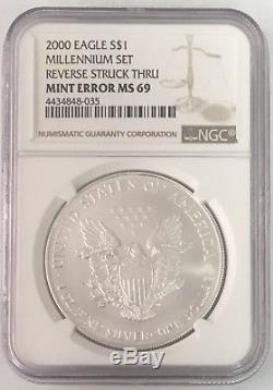 2000 $1 Silver Eagle Millennium Set Reverse Struck Thru Mint Error NGC MS69