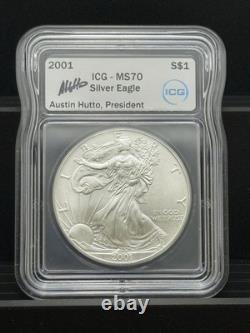 2001 AMERICAN SILVER EAGLE ICG MS70 FLAWLESS EXAMPLE Austin Hutto Signed