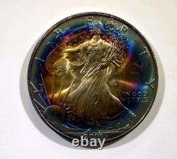 2001 American Silver Eagle Rainbow Vibrant Blue & Sunset Bullseye Toning! Wild