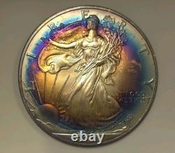 2001 American Silver Eagle Rainbow Vibrant Blue & Sunset Bullseye Toning! Wild