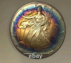 2001 American Silver Eagle Rainbow Vibrant Blue & Sunset Bullseye Toning! Wild