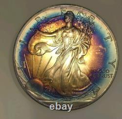 2001 American Silver Eagle Rainbow Vibrant Blue & Sunset Bullseye Toning! Wild