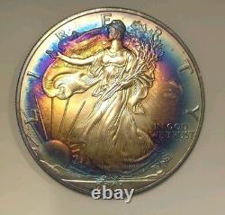 2001 American Silver Eagle Rainbow Vibrant Blue & Sunset Bullseye Toning! Wild