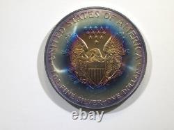 2001 American Silver Eagle Rainbow Vibrant Blue & Sunset Bullseye Toning! Wild