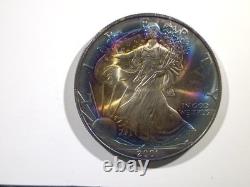 2001 American Silver Eagle Rainbow Vibrant Blue & Sunset Bullseye Toning! Wild 2001 American Silver Eagle Rainbow Vibrant Blue & Sunset Bullseye Toning! Wild
