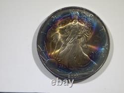 2001 American Silver Eagle Rainbow Vibrant Blue & Sunset Bullseye Toning! Wild